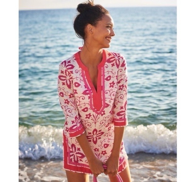Boden Tops - Boden Cleo Kaftan Tunic Cover-Up Mini-Dress Top White Pink Floral Size‎ 6R Women